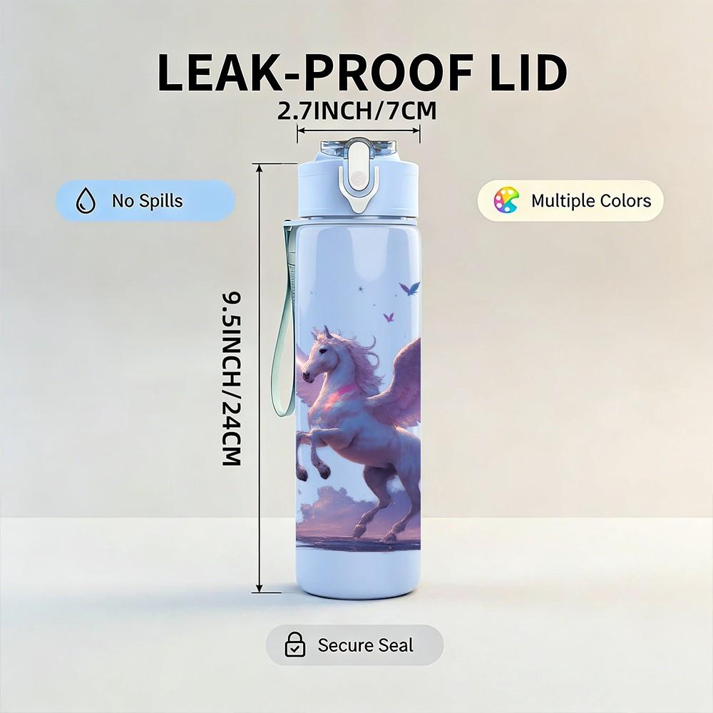 1PC Purple Pegasus Flying Fantasy Print 750ml Color Plastic Sports Water Bottle Leakproof Flip Straw Lid Suitable for Sports Office Home Use