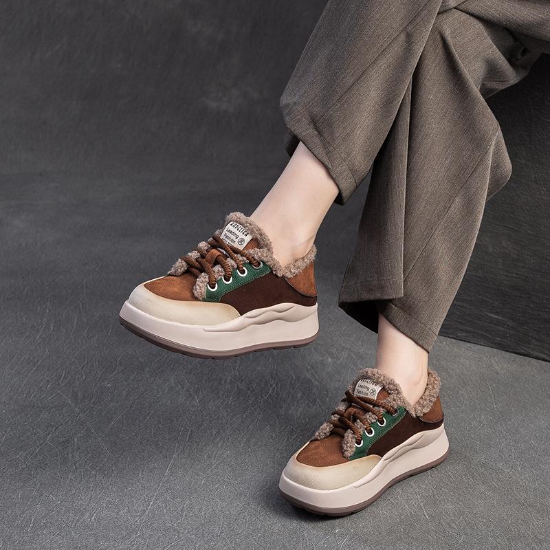 GKTINOO 4cm Suede Genuine Leather Women Chunky Sneakers Platform Wedge Flats Vulcanize Loafer Spring Winter Plush Autumn Shoes