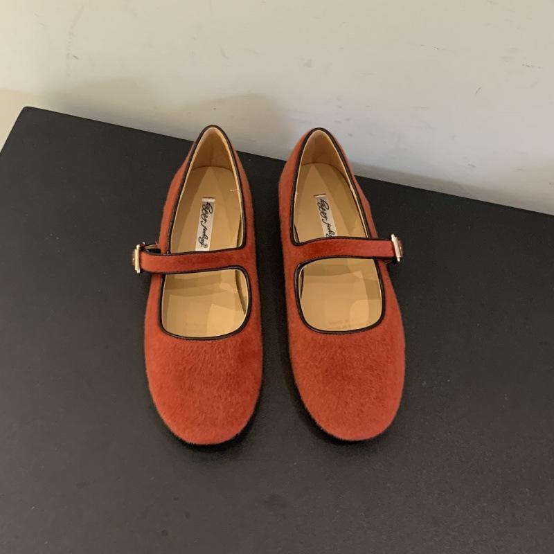 French temperament round head plush soft flat bottom Mary Jane single shoes women's shoes 2025 spring and autumn new skirt evening shoes