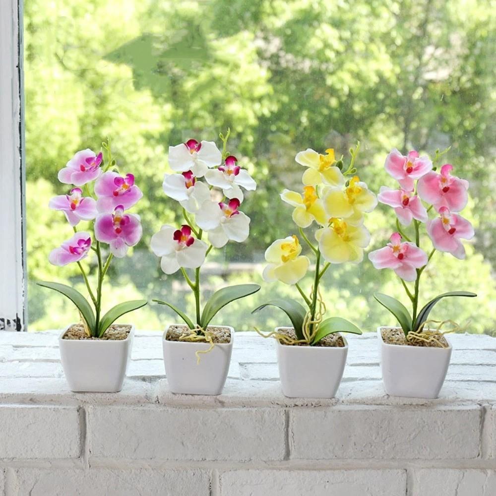 White Flower Pot Artificial Orchid Bonsai Multi-Bloom Plastic Fake Flower  Home Decor