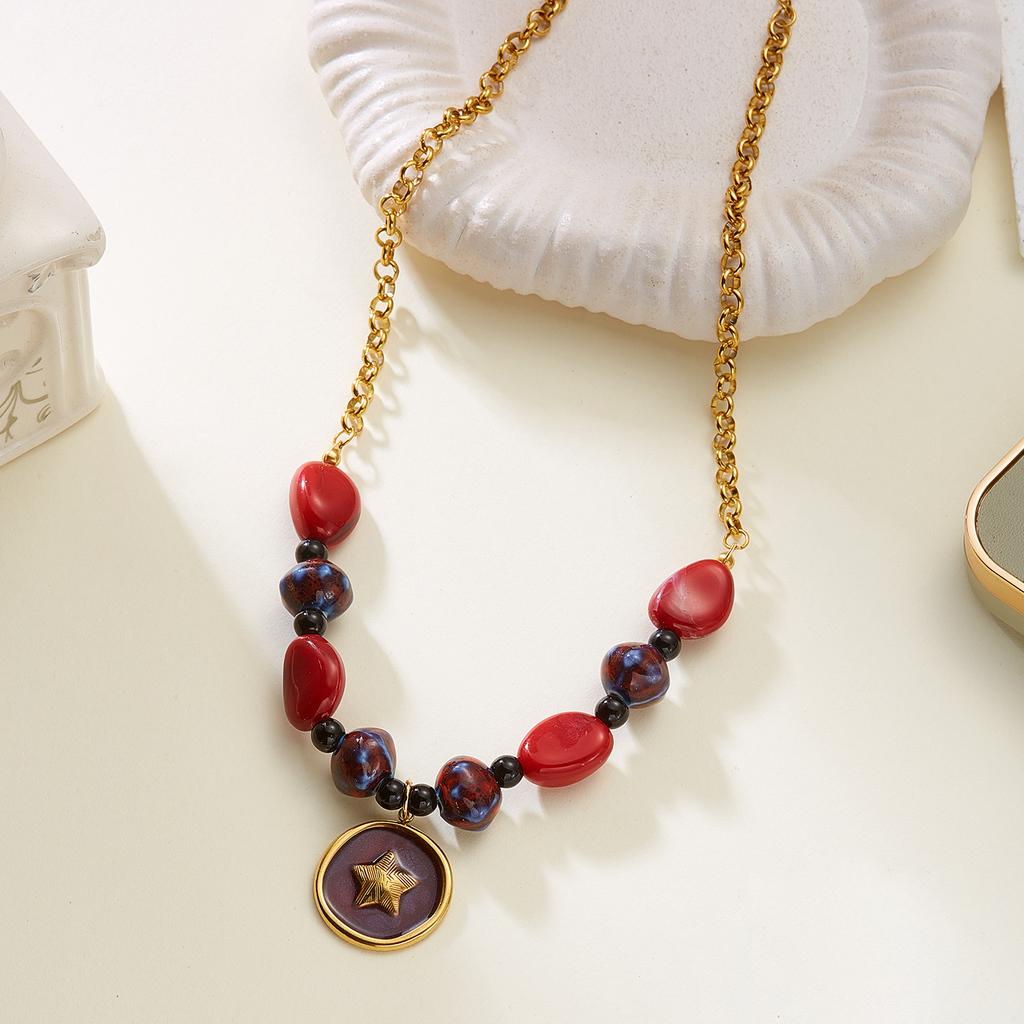 Vintage Star Stainless Steel Beaded Choker Necklace for Women Dainty Stone Pendant Chain Party Fashion Jewelry Gift