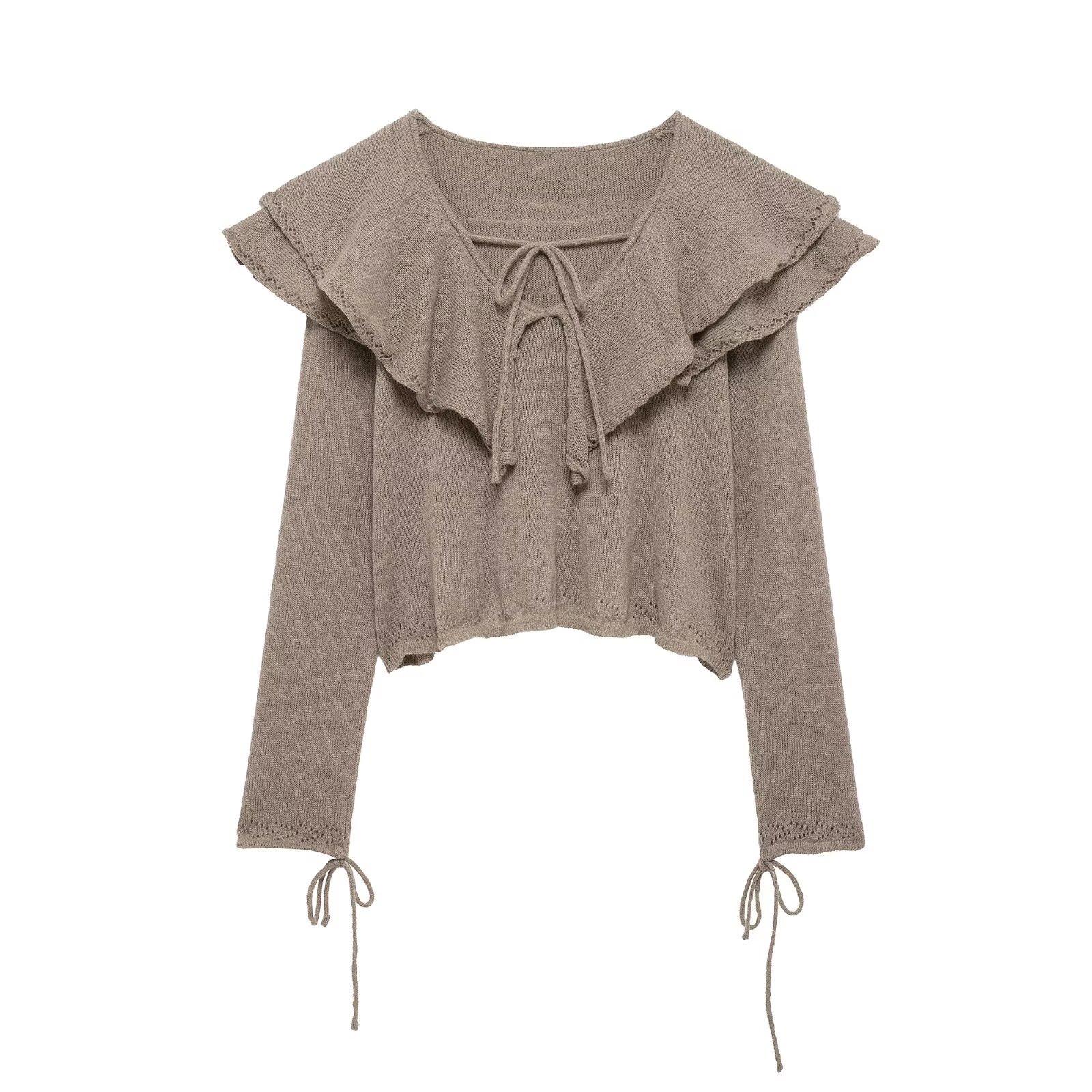 

Весна 2025 Женский многослойный трикотаж с оборками и V-образным вырезом на завязках Large верблюд