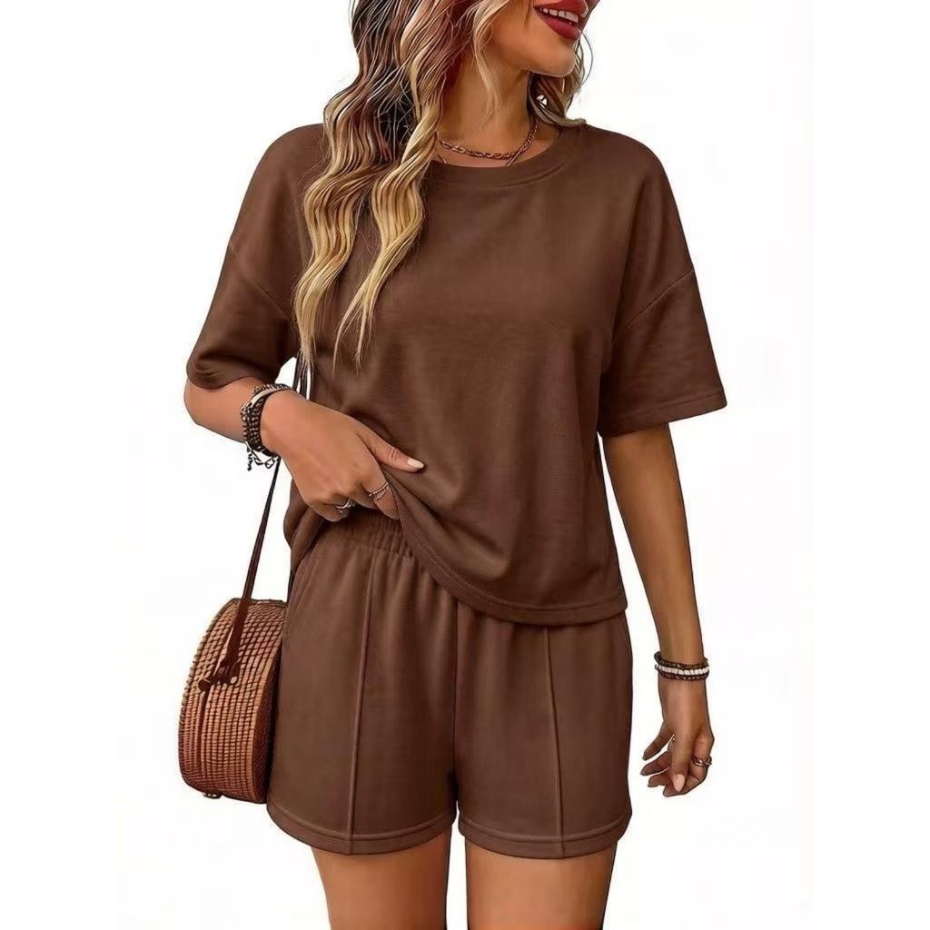 Women’s Relaxed Fit Short Sleeve Top and Shorts Two Piece Outfit Set for Casual Summer Wear Lounge and Daily Activities