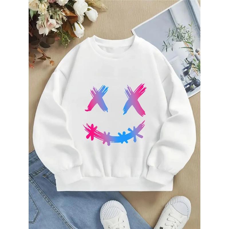 Unisex Crewneck Sweatshirt , Pink Blue Gradient X Eyes Smile Pattern, Machine Washable, Spring and Autumn, Sportswear and Casual Wear, Soft