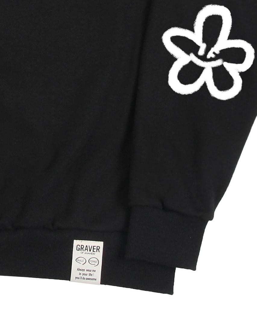 Graver [Unisex] Elbow Spray Flower Smile Sweatshirt_Black