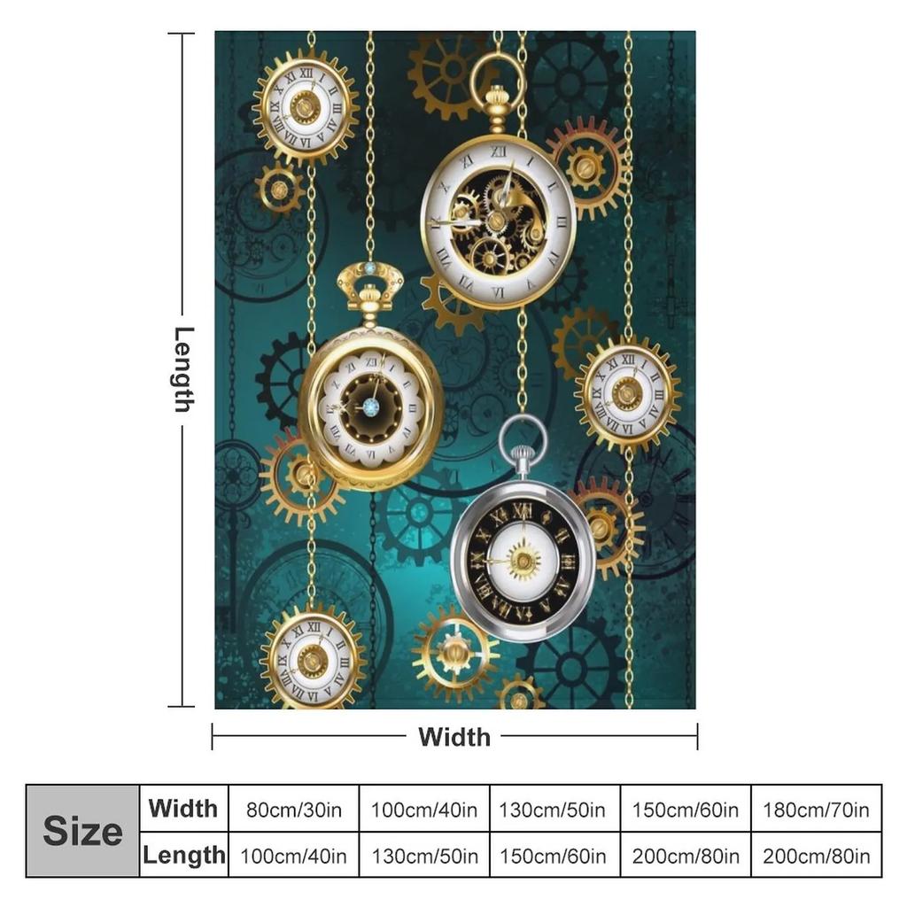 Steampunkowy Zegarek z Łańcuszkami na Zielonym Tle Koc Koc na Kanapę Dekoracyjny Koc na Kanapę