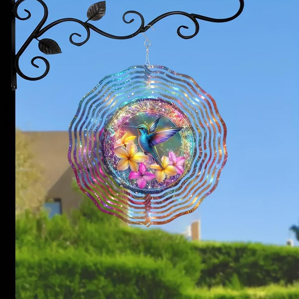 Vibrant 10-inch Hummingbird Wind Spinner – 3D Metal Kinetic Sculpture with 360° Rotating Hook, Floral & Bird Design – Outdoor/Indoor Garden Decor,