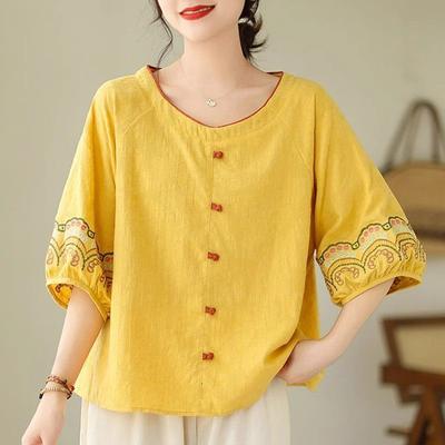 Elegant Bomull Lin Broderad Lös Kortärmad T-shirt för Mamma Sommar Vintage Damtoppar Rundhals T-shirt