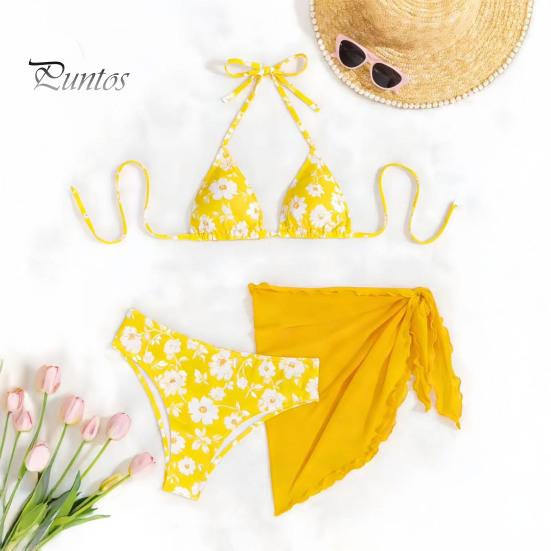 Floral Three-piece Bikini 3Pcs/Set Swimsuit Set Halter Chest Pads No Underwire Bra Swimming Briefs Personalized Print Sheer Trim Cover Up Skirt Split