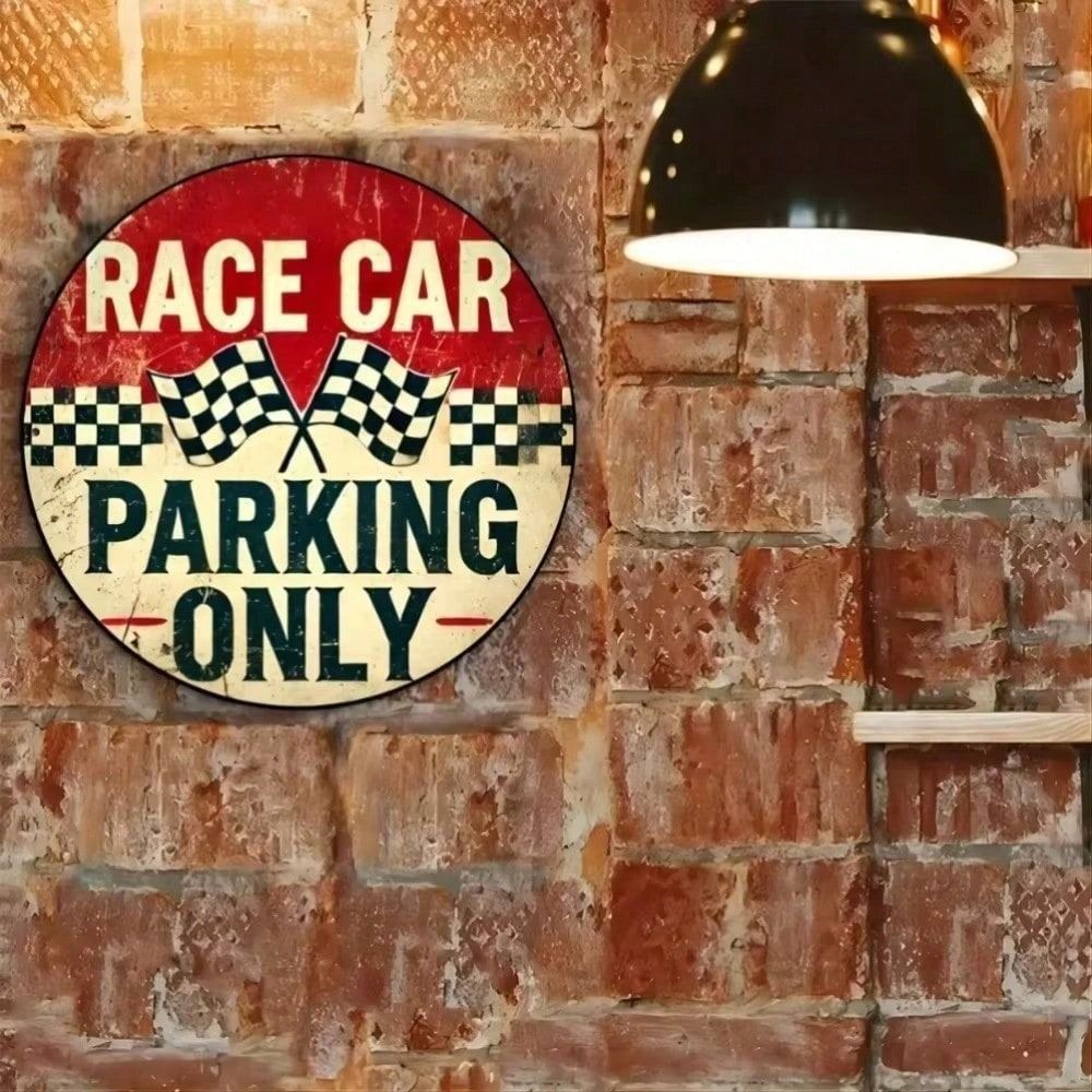 Vintage Metal Tin Sign Race Car Parking Only Round Wall Decor 20cm
