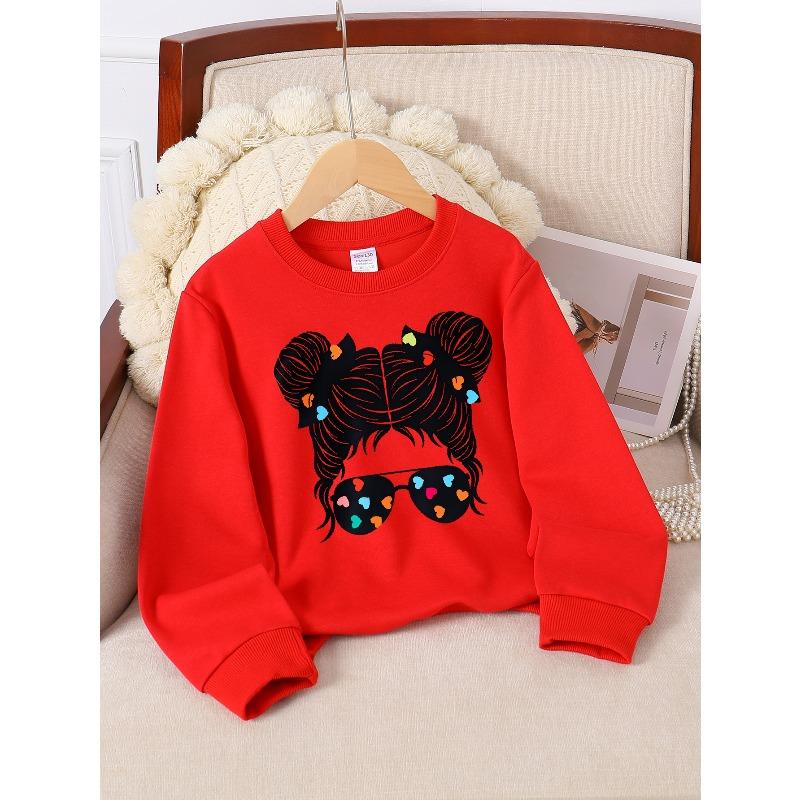 Kids Unisex Crewneck Sweatshirt, Cute Double Hair Buns Colorful Heart Sunglasses Print Soft Fleece Pullover For Kids Over 4 Years Old