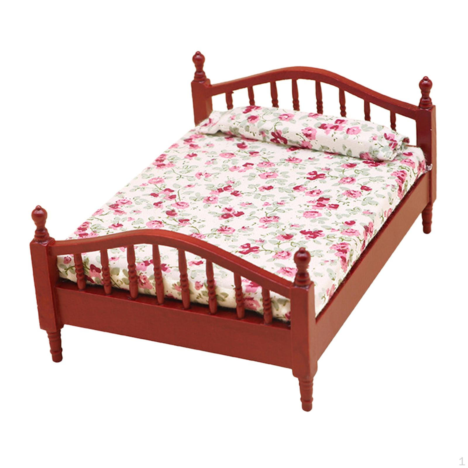

1/12 миниатюрная деревянная кровать, одна модель, украшение для кукольного домика, аксессуары для учебы Red and Pink