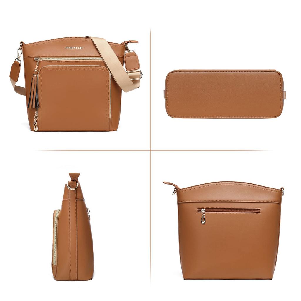 Women's Crossbody Bag Multi-pocket Handbag Shoulder Bag with Card Holder Wallet & Tassel (Brown)