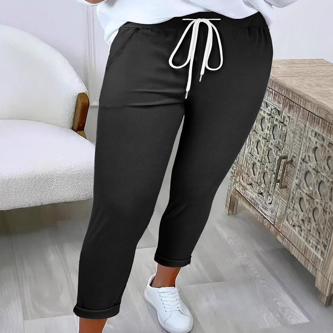 

2025 Women s Solid Color Waist Tie Cuffed Casual Long Pants L армия зеленый