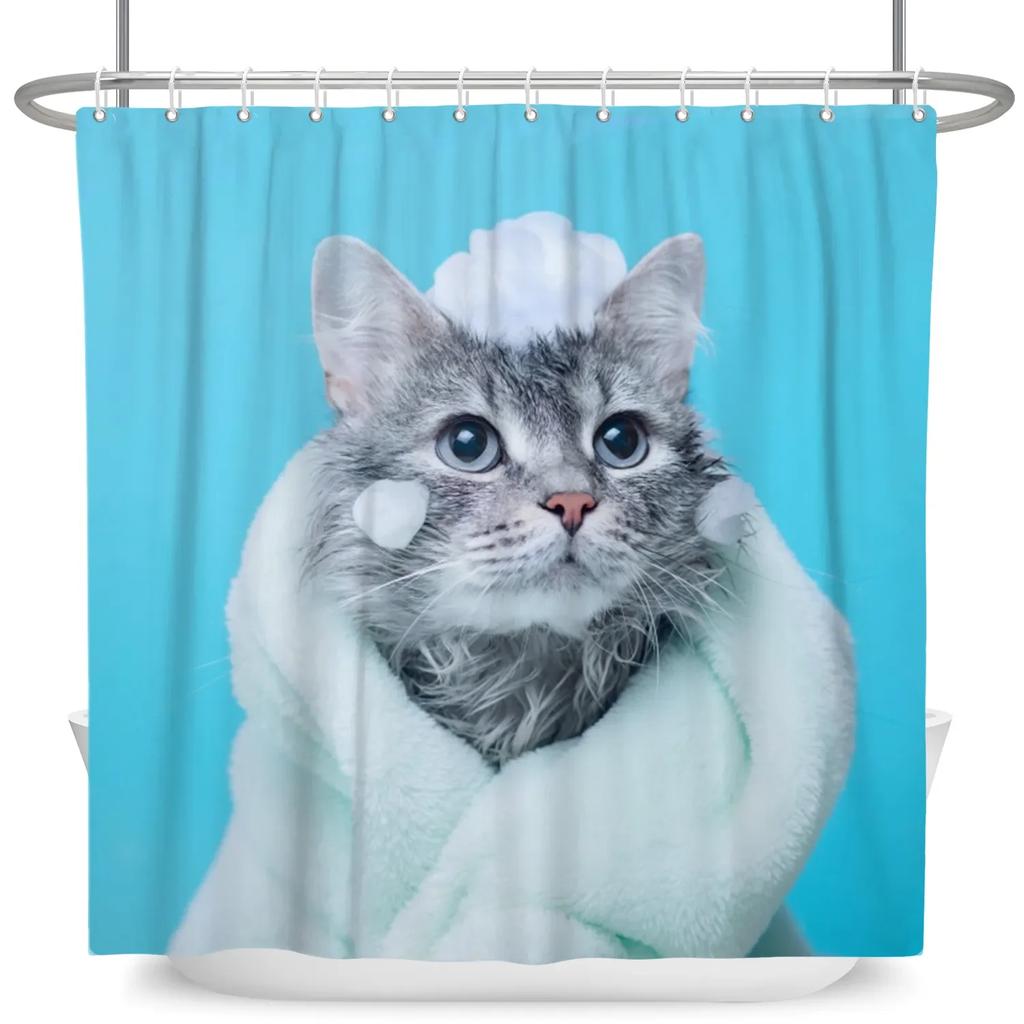 Funny Cat Shower Curtain Cartoon Cute Cats Dog Kids Shower Curtain for Bathroom Waterproof Polyester Home Decor Shower Curtains