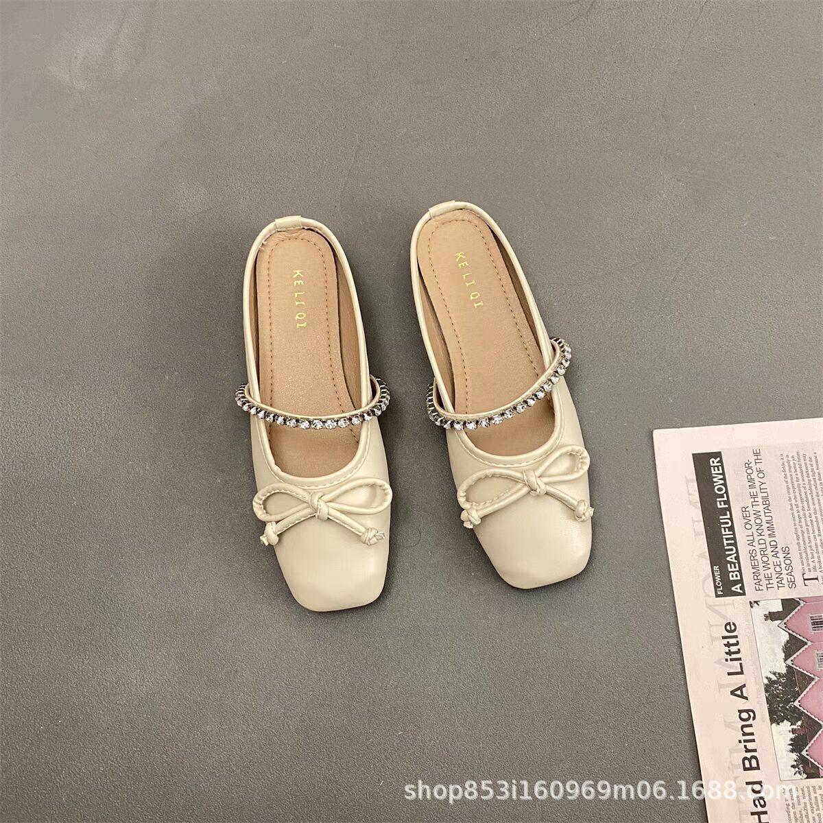 

Silver rhinestone bow bag head half slippers women s 2025 summer new flat-bottomed French Mary Jane square head slippers 40 абрикосовий