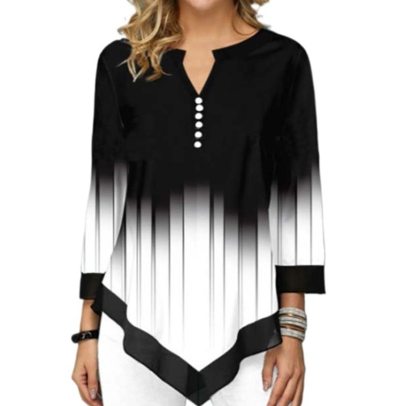 Women Top Summer Autumn 3D Digital Printing V Neck Irregular Loose T-shirts & Long-sleeve Tops