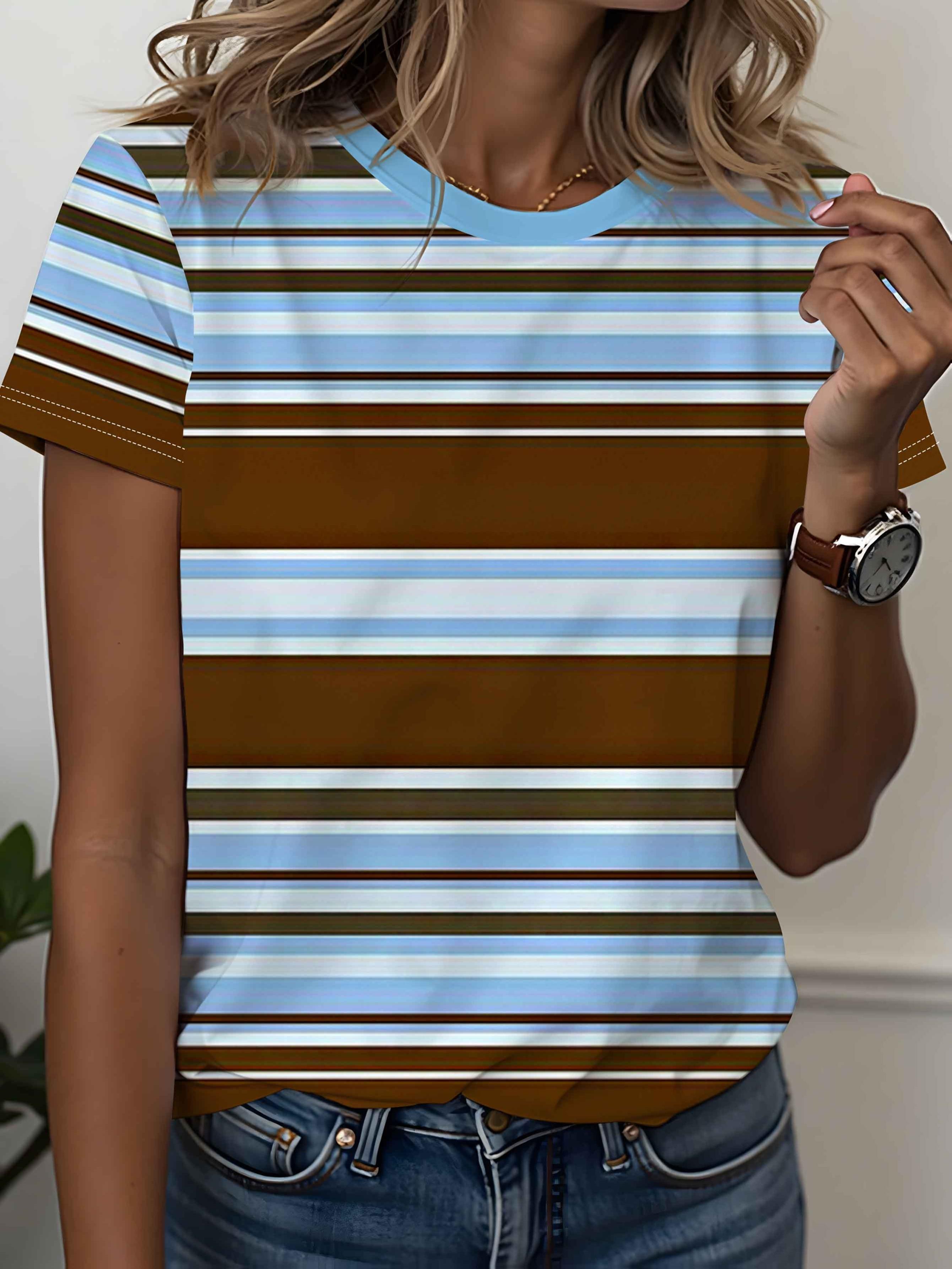

Women s irregular striped pattern round neck T-shirt, women s sports casual short-sleeved top, XXS