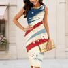 Women Plus Size Round Neck Sleeveless Firework Print Navy Blue Bodycon Midi Dress