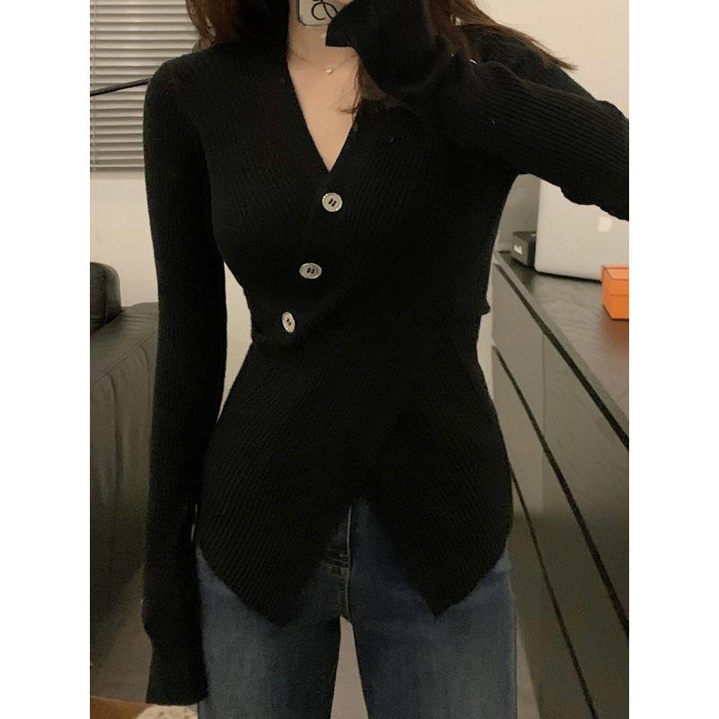 KANING 2025 V-Neck Slim Sweater - Women s Autumn/Winter Split Pullover Knitwear One size чёрный