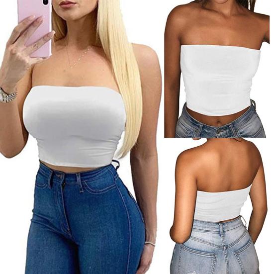 Women Sexy Solid Color Strapless Cropped Mini Bustier Slim Elastic Tube Top