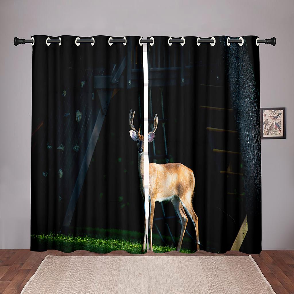Thick 90% Shading Nature Deer Animal Forest Green TreeBlackout Window Curtain For Bedroom Living Room Bathroom Kicthen Door Hall