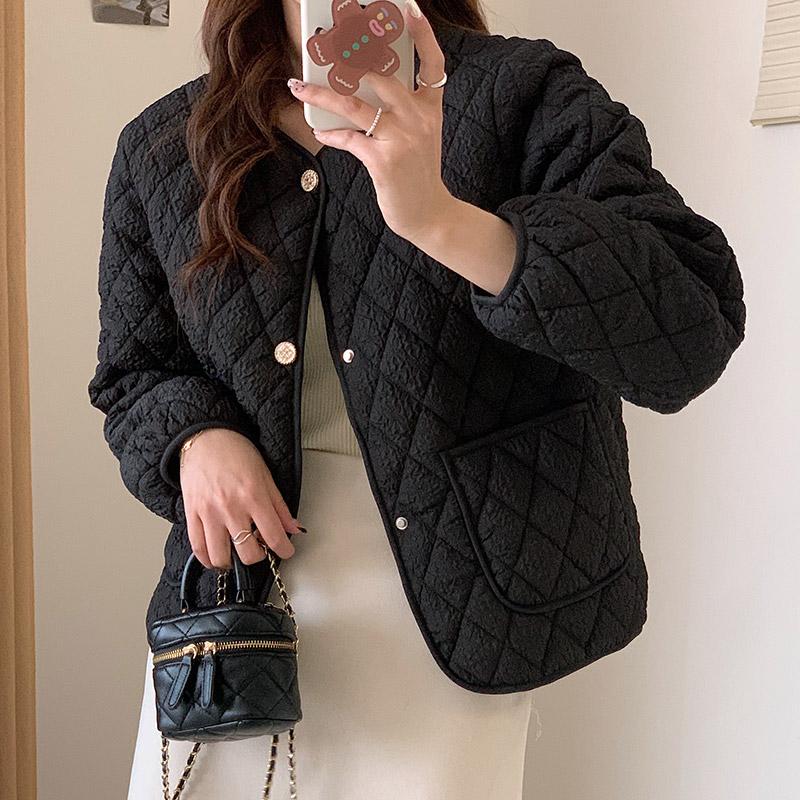 Women's Autumn Winter O Neck Long Sleeve Button Big Pocket Short Warm Parka Chic Jacket