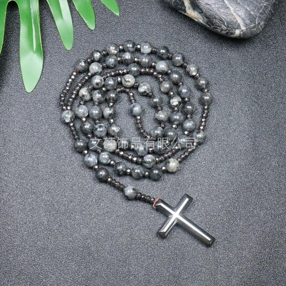 Collier pendentif croix en pierre naturelle, Croix en pierre d'œil de tigre et fer à bille chapelet collier pour homme