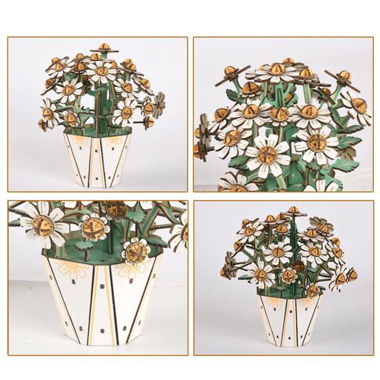 Wooden 3D Puzzle Flower DIY Handmade Potted Sunflower Lily Hydrangea Moth Orchids Bell Flower Jigsaw Decoration Floral Plants Building Crafts Kit