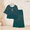 Women Plus Size Two Piece Set Round Neck Flared Half Sleeve Printed Black Top Long Skirt