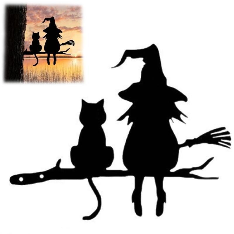 Halloween Black Cat Witch Broom Silhouette Garden Outdoor Stake Statue Decor