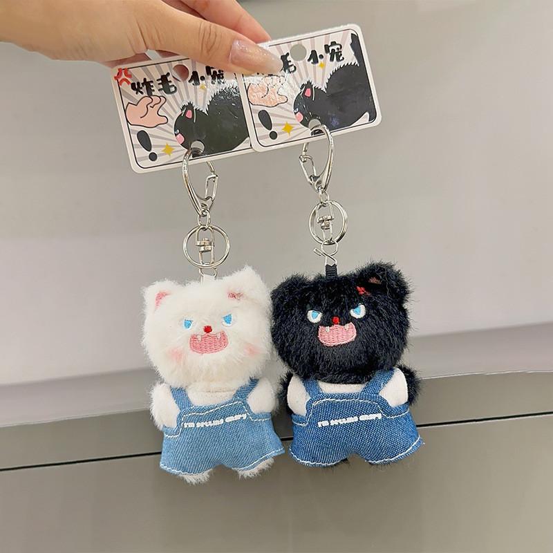 Overalls Angry Cute White And Black Cat Plush Doll Pendant Decoration Bag