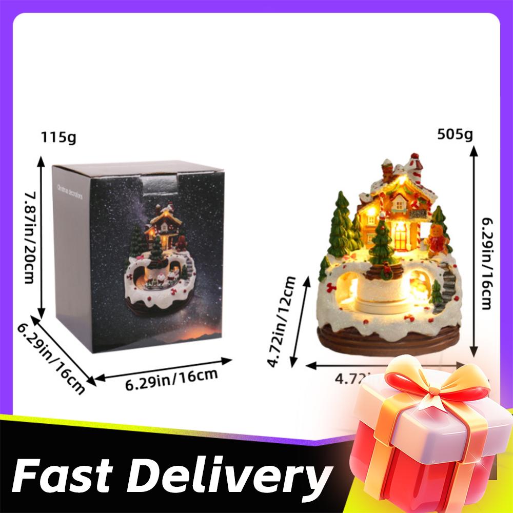 Christmas Music Box Snow House Ornaments with LED Light Resin Rotating Music Figurines Home Christmas Decorations Holiday Gift