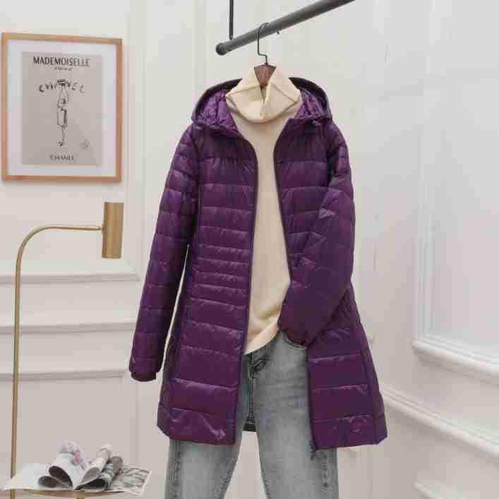 Women's Mid-Length Hooded Lightweight Down Jacket - Slimming Thin Plus Size Coat for Autumn/Winter 2023