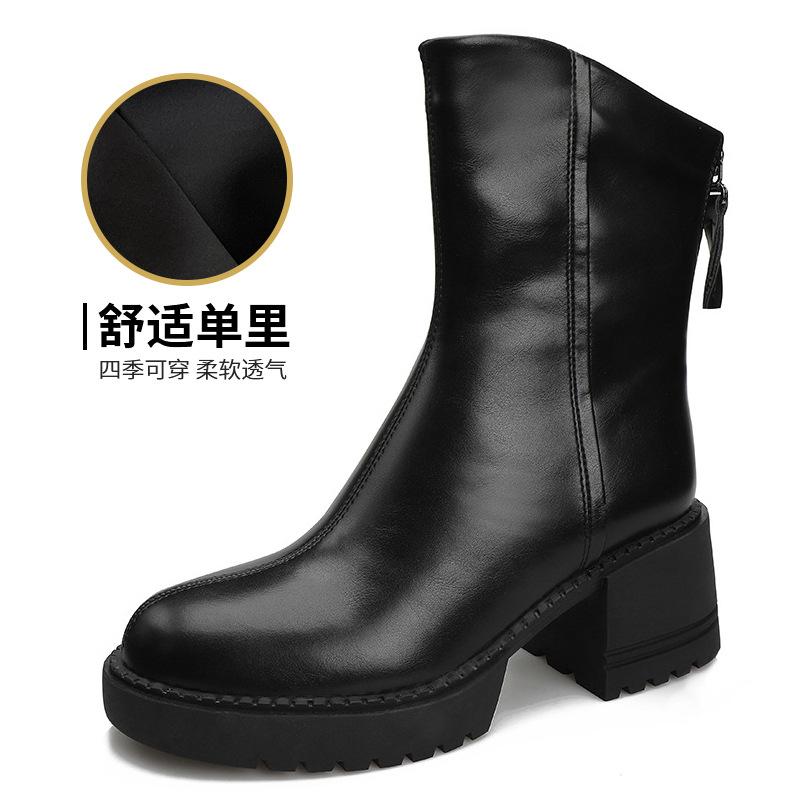 2024 Podzim/Zima Měkké Kožené Kozačky Dámské Britské Silný Podpatek Kulatá Špička Martensky Silný Zadní Zip Střední Podpatek Úzké Kozačky