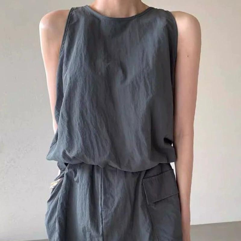 Summer Women Solid Color Casual 2 Piece Sets Zipper Sleeveless Vest Shirt +Elastic Waist Shorts Skirt Set Office Women Outfits