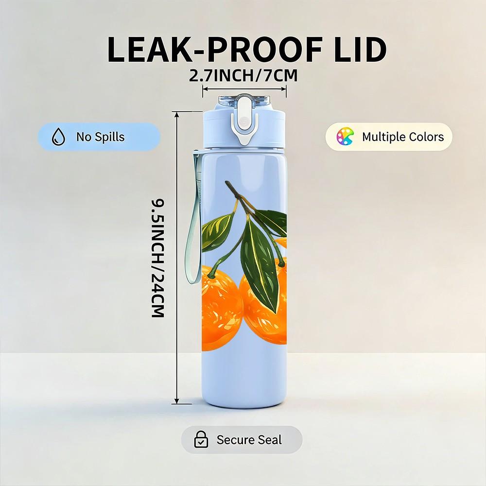 1PC Fresh Orange Citrus Fruit Watercolor Print 750ml Color Plastic Sports Water Bottle Leakproof Flip Straw Lid Suitable for Sports Office Home Use