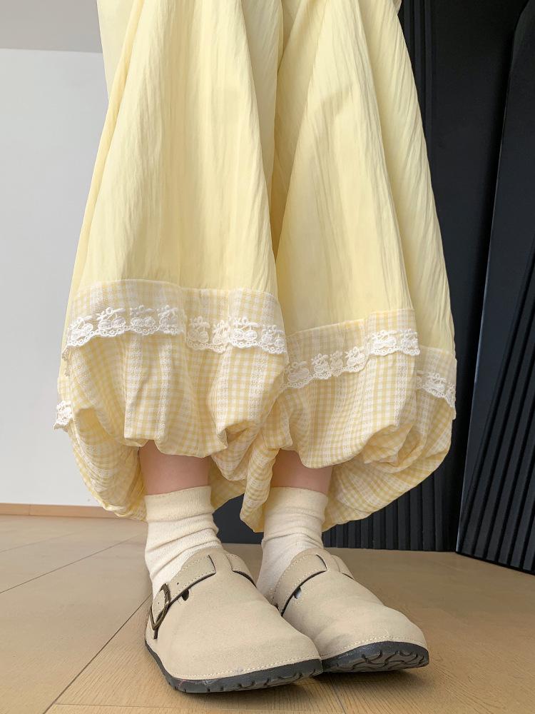 Lace Patchwork Lantern Pants - Spring/Summer Academy Style, Ice Silk, Wide-Leg Skirt Pants, Slimming Bud-Shaped Design.
