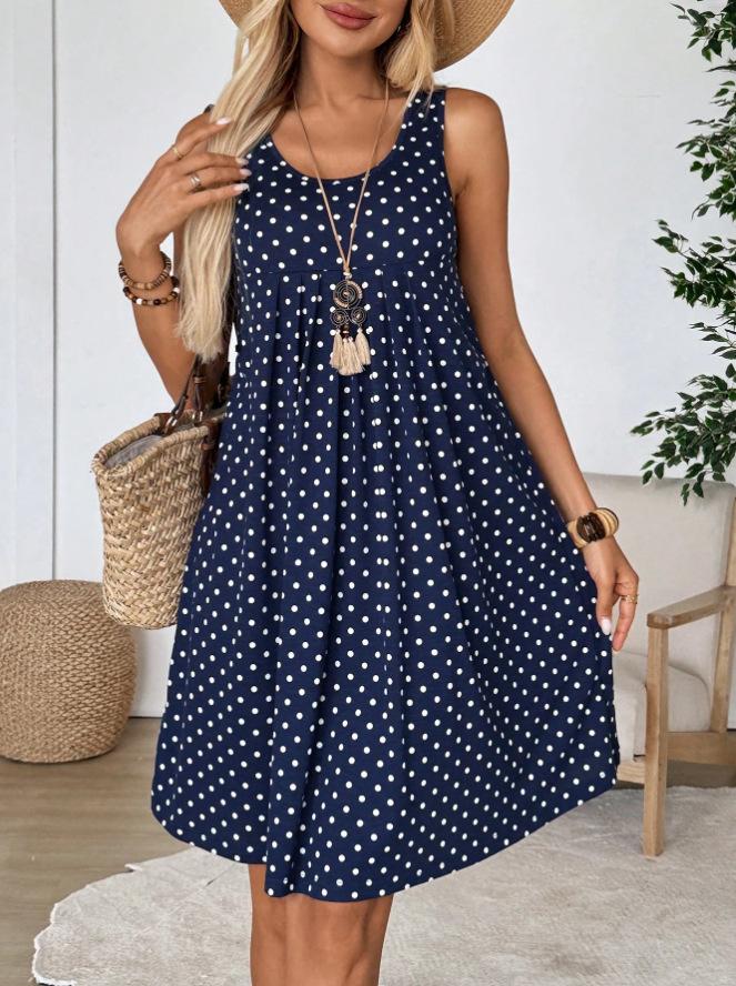 Women's Sleeveless Polka Dot Dress Round Neck Loose A-Line Casual Midi Tank Dress For Daily Beach Wear