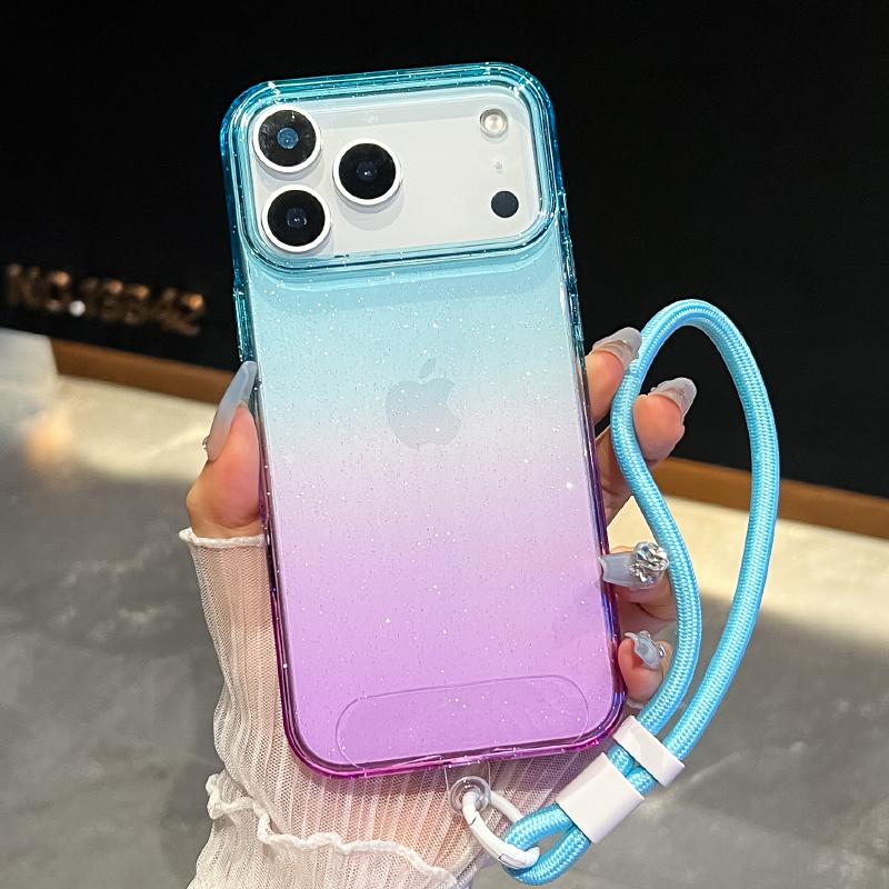 New Luxury Gradient Color Collision Shimmering Powder/Glitter Lanyard Phone Case For iPhone 17 Pro Max Air Bumper Back Cover