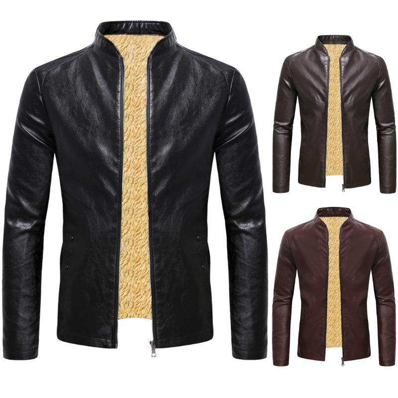 Autumn and winter youth fashion trend casual slim personality men's stand-up collar velvet thickened leather jacket