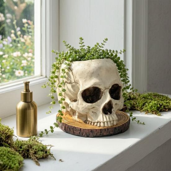 Decorative Resin Ornament Halloween Retro Skull Planter, Spooky Gothic Human Head Flower Pot, Indoor Potted Plant Pot Skeleton Candy Bowl Decoration