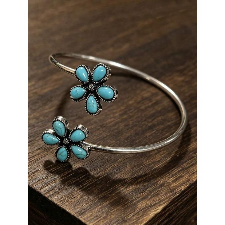 1pc Western Vintage Artificial Turquoise Flower Arm Cuff, Distressed Open Bangle Bracelet, Bohemian Arm Accessory