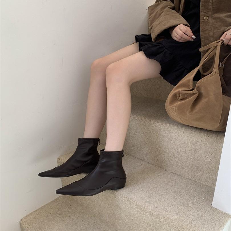 Retro 2025 Splicing Pointed Short Boots Women's Shoes Autumn and Winter New Soft Leather Kitten and Elastic Thin Boots