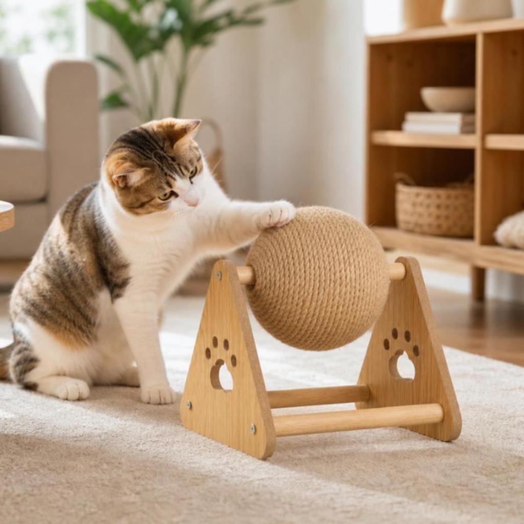 Cat Scratching Ball Rotating Toy with Wooden Frame ClawFriendly Sisal Rope for