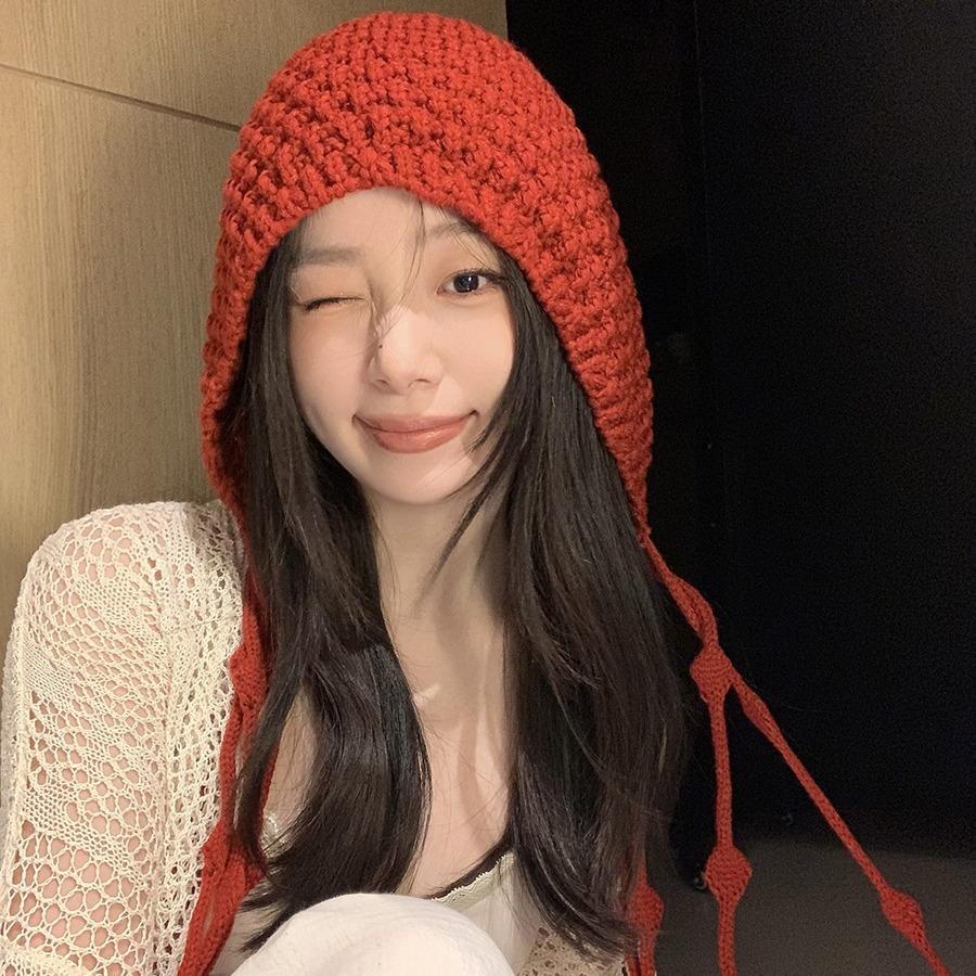 Hand-woven fringed knitted hat women's winter new wool knitted hat hollow ear protector warm Lei Feng hat