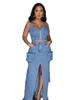 Stylish Denim Suit with Exposed Navel Zipper Top & Multi-Pocket Split Long Skirt
