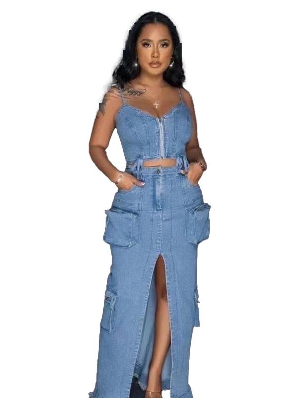 Stylish Denim Suit with Exposed Navel Zipper Top & Multi-Pocket Split Long Skirt