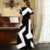 Women Plus Size V Neck Short Sleeve Black White Printed Straight Long Dress