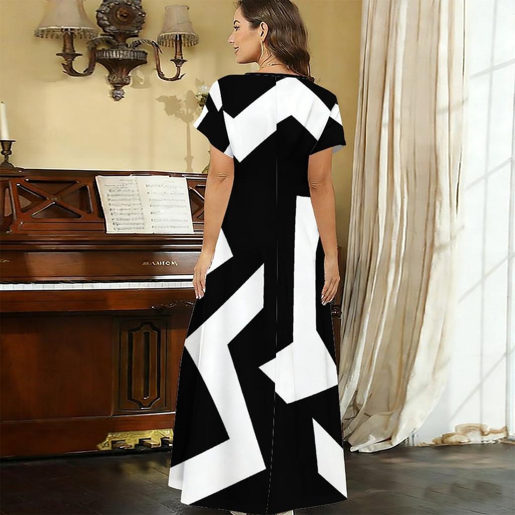 Women Plus Size V Neck Short Sleeve Black White Printed Straight Long Dress